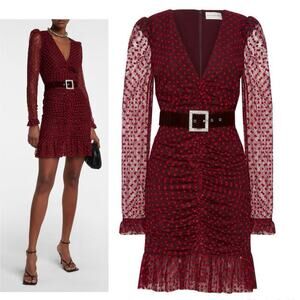 NWT $524 REBECCA VALLANCE Midnight Kiss Long Sleeve Flocked Dot Lace Mini Dress